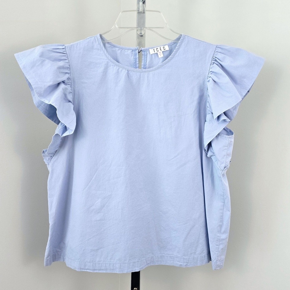 TCEC Ruffle Short Sleeve Button Closure‎ Crew Neck L Light Blue